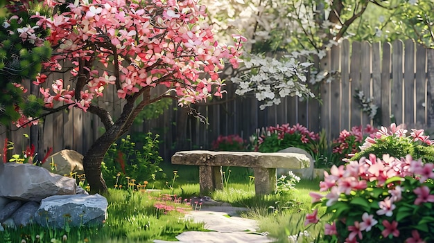 Photo spring garden with stone bench and pink flowers 3d illustration