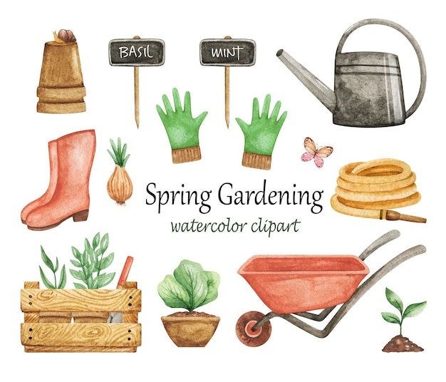 Spring Gardening clipart watercolor, Garden tools set, wheelbarrow, gloves, watering can isolated