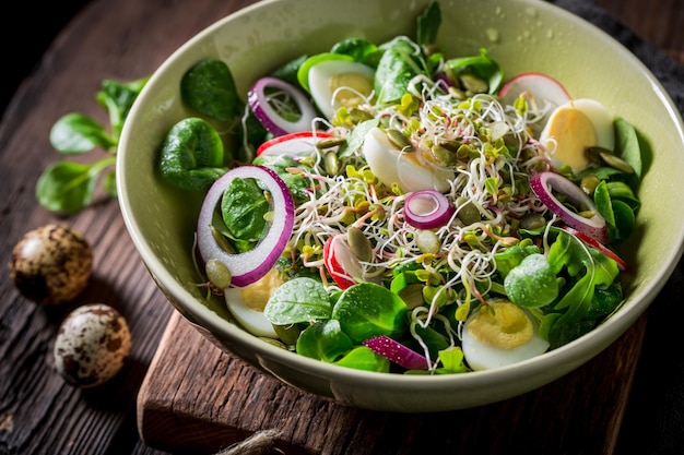 Spring green salad with quail egg radish and onion