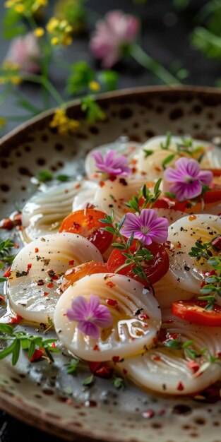 Photo spring herbinfused seafood salad with flowers