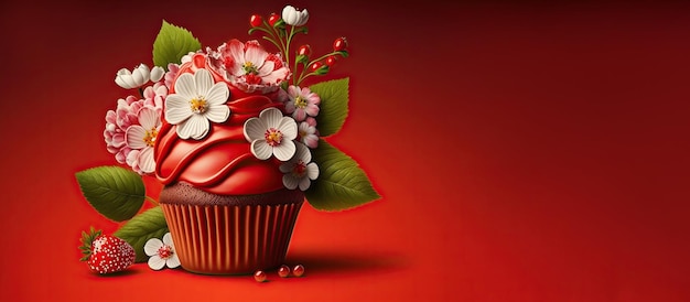 Spring Holiday cupcakes with flowers berries and sprinkles on a red background Generative AI