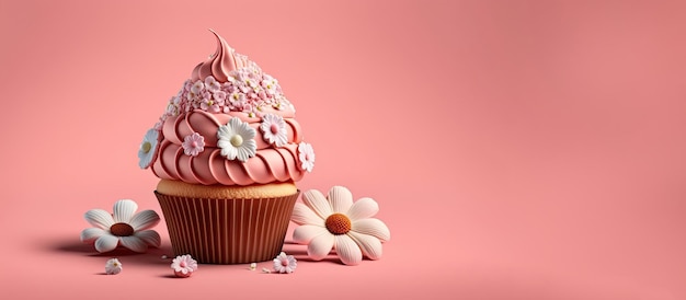 Spring Holiday cupcakes with flowers and sprinkles on a pink background Generative AI A place for your text