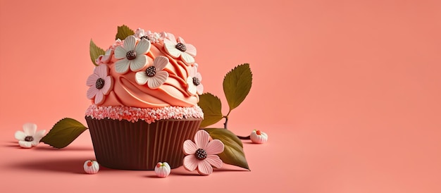 Spring Holiday cupcakes with flowers and sprinkles on a pink background Generative AI A place for