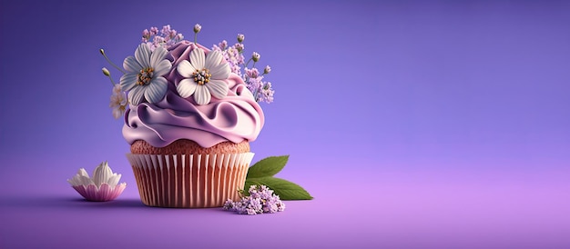 Spring Holiday cupcakes with flowers and sprinkles on a purple background Generative AI A place for