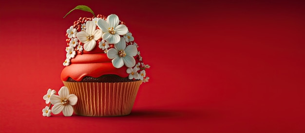 Spring Holiday cupcakes with flowers and sprinkles on a red background Generative AI A place for