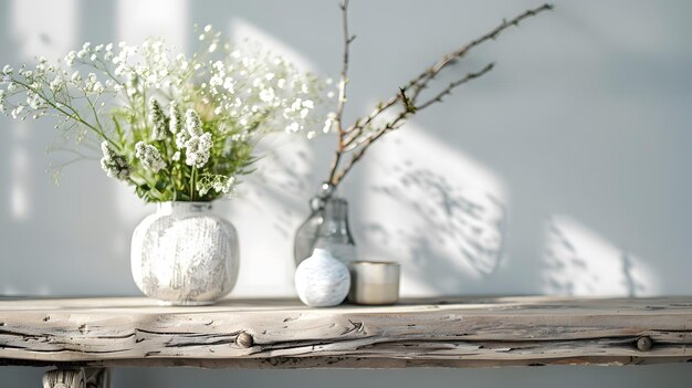 Spring home decor on reclaimed rustic bench top view of scandinavian interior detail Generative AI