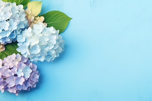 Spring hydrangea flowers bouquet on blue pastel background top view in flat lay style Generative AI