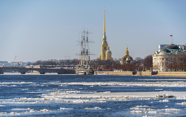 Spring ice drift on the Neva Peter and Paul Fortress frigate Grace