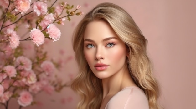 Spring the idea of skin care and a spaStunning naturally blonde lady Girl in spring makeup Female beauty portrait with naturallooking skin and lips Fashion image for spring Unusual GENERATE AI