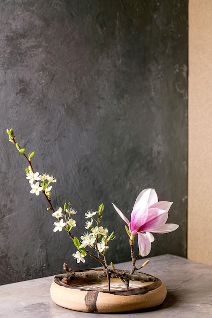 Spring ikebana with white flowers