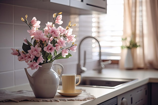 Spring interior of a modern kitchen with bouquets of flowers spring time spring mood AI generated