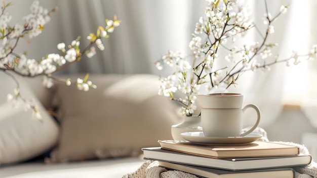 Spring interior still life Cup of coffee tea on pile of books Round beige table Blos Generative AI