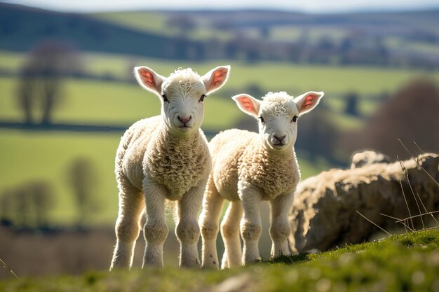 Spring lambs in countryside in the sunshine AI Generation