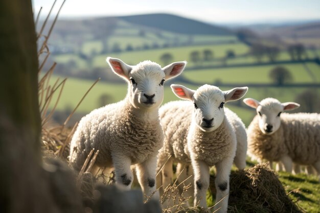 Spring lambs in countryside in the sunshine AI Generation