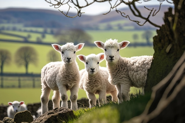 Spring lambs in countryside in the sunshine AI Generation