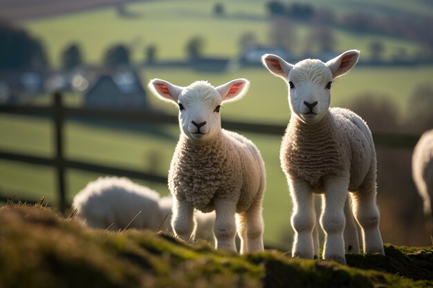 Spring lambs in countryside in the sunshine AI Generation