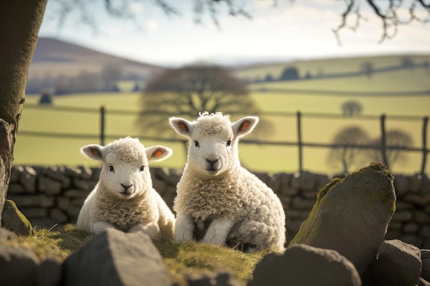 Spring lambs in countryside in the sunshine AI Generation