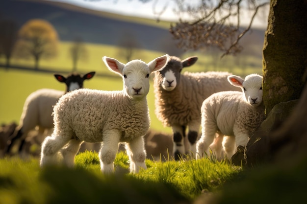 Spring lambs in countryside in the sunshine AI Generation