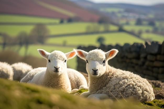 Spring lambs in countryside in the sunshine AI Generation