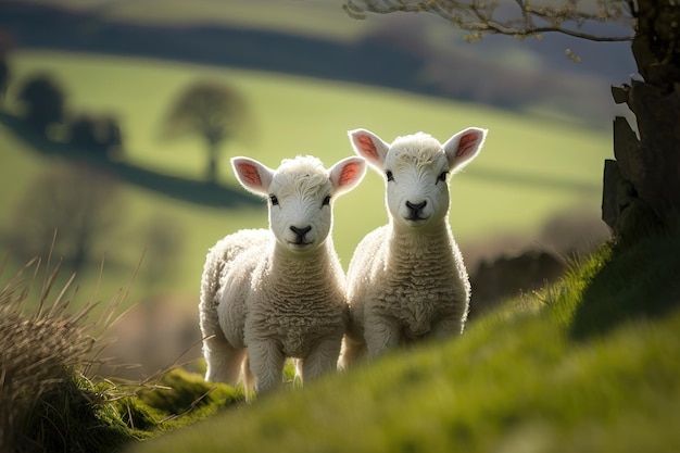 Spring lambs in countryside in the sunshine AI Generation