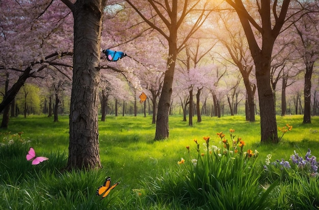 Photo spring landscape background with trees and butterflies