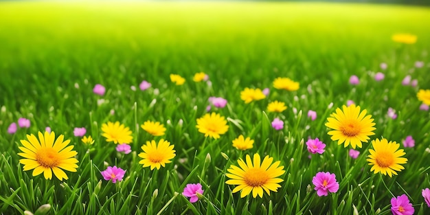 Spring landscape blossoming field with green grass pink and yellow flowers Nature illustration Generative AI