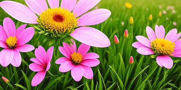 Spring landscape blossoming field with green grass and several big pink flowers Nature illustration