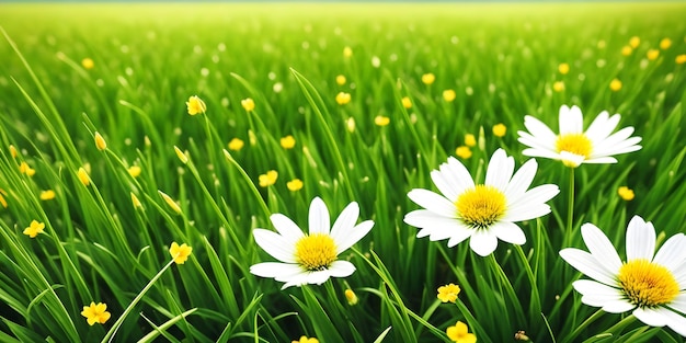 Spring landscape blossoming field with green grass small yellow and big white flowers Nature illustration Generative AI