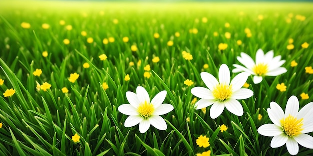 Spring landscape blossoming field with green grass small yellow and big white flowers Nature illustration Generative AI