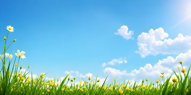 Spring landscape blossoming field with green grass white and yellow flowers blue sky with sun and clouds Nature illustration Generative AI