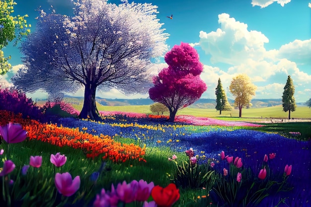 Spring landscape of a flower meadow creative AI