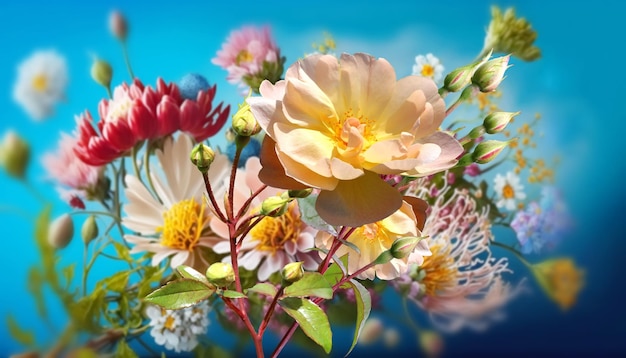 spring landscape flowers bouquets of pink white pastel color roses against the blue sky valentine