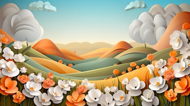 Spring landscape meadow hills flowers trees and clouds in paper sculpture Easter background