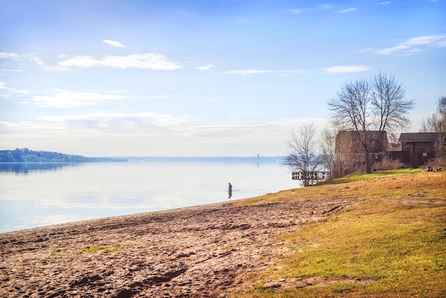 Spring landscape Volga river and swimming Kineshma Ivanovo region