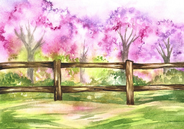 Spring landscape with flowering trees meadow pastures and a wooden fence Watercolor drawing.