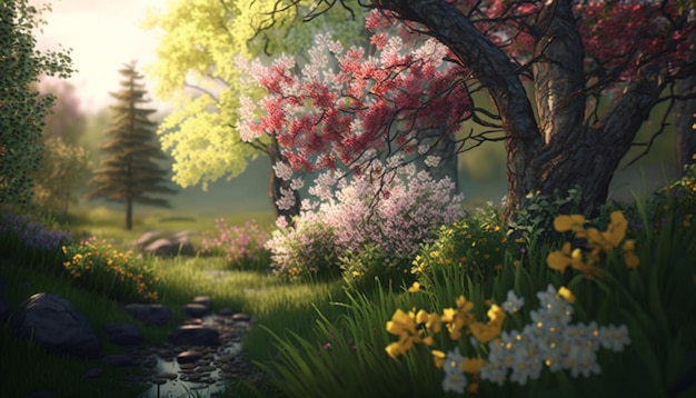 Spring Landscape with flowers and trees