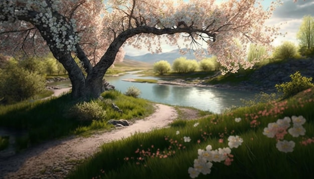 Spring Landscape with flowers and trees