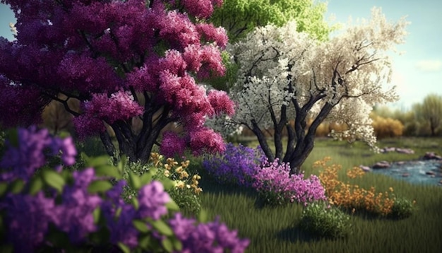 Spring landscape with flowers and trees