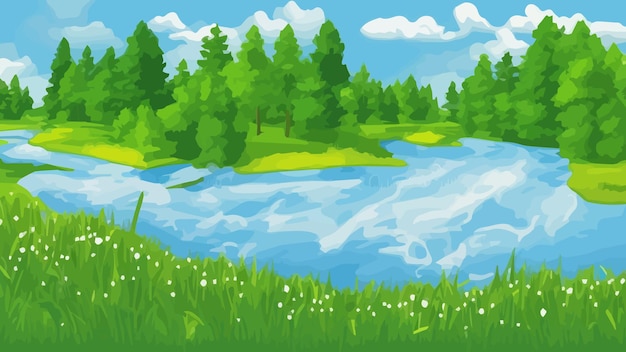 Spring landscape with forests river mountain sun blue sky and clouds rural nature in spring with land with wild