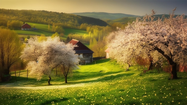 Spring landscape with a house and trees beautiful view background