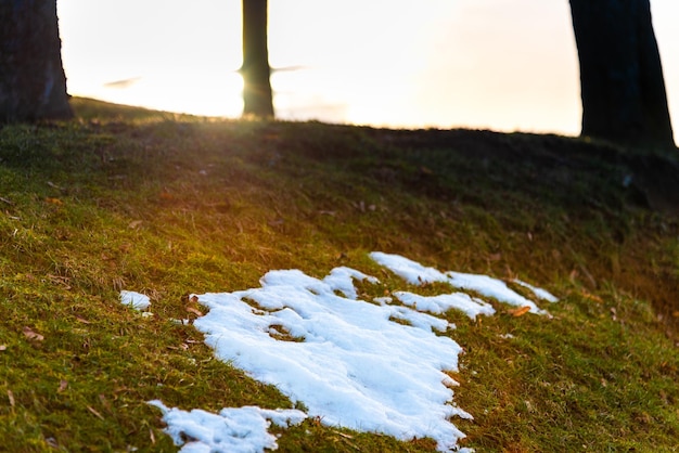 Photo spring landscape with melting snow and thawed patches early spring at sunrise on a cloudy day in forest season change