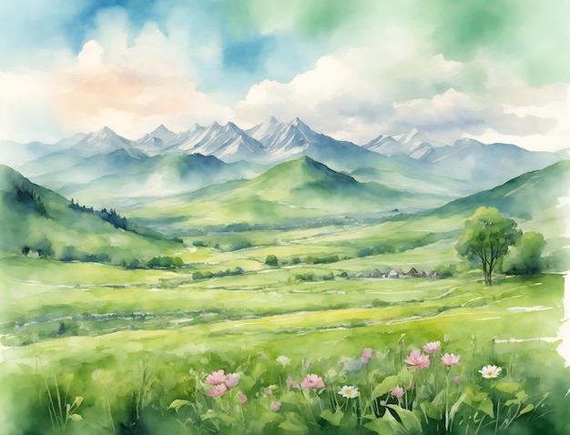 Spring landscape with mountains and green meadow watercolor illustration