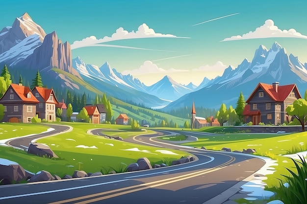 Photo spring landscape with road to city in mountain valley scene with town buildings houses and skyscrapers on skyline highway green grass and rocks with snow vector cartoon illustration