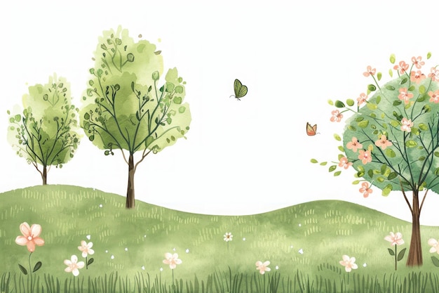 Photo spring landscape with trees and flowers watercolor illustration vibrant nature scene for seasonal themes generative ai