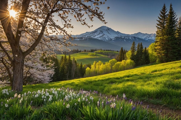 Spring landscape with trees mountains fields bushes flowers and fir trees