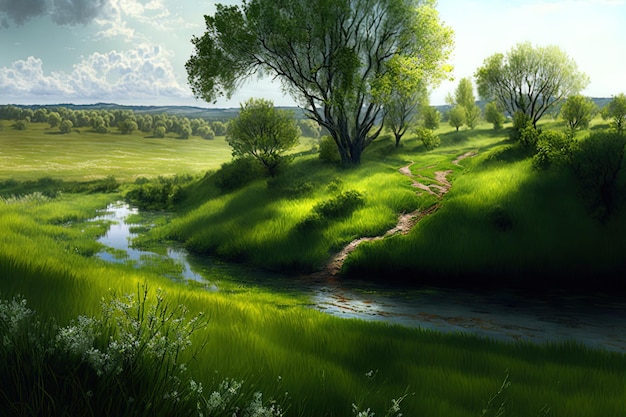 Spring landscapes with vibrant green leaves and grass digital art design background with copy space