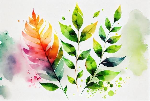 Spring leaves drawn in watercolor style Generative AI