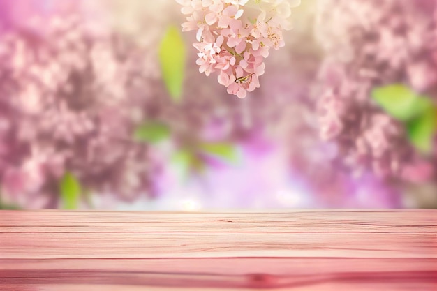 Spring lilac background with wooden table AI Generated