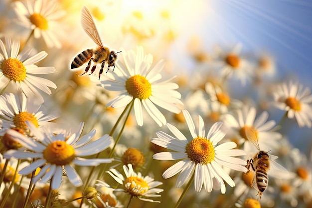 spring meadow filled with daisies and buzzing honeybees