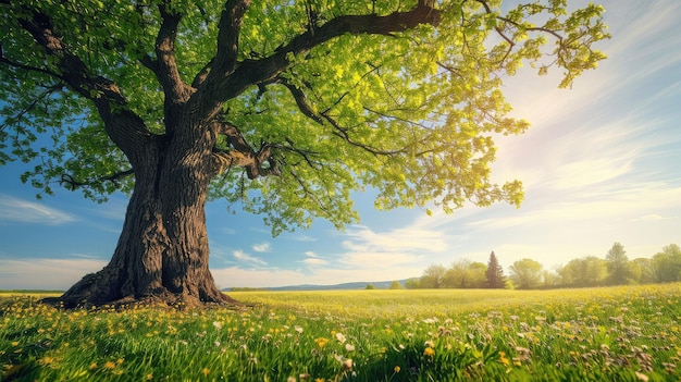 Spring meadow with big tree with fresh green leaves